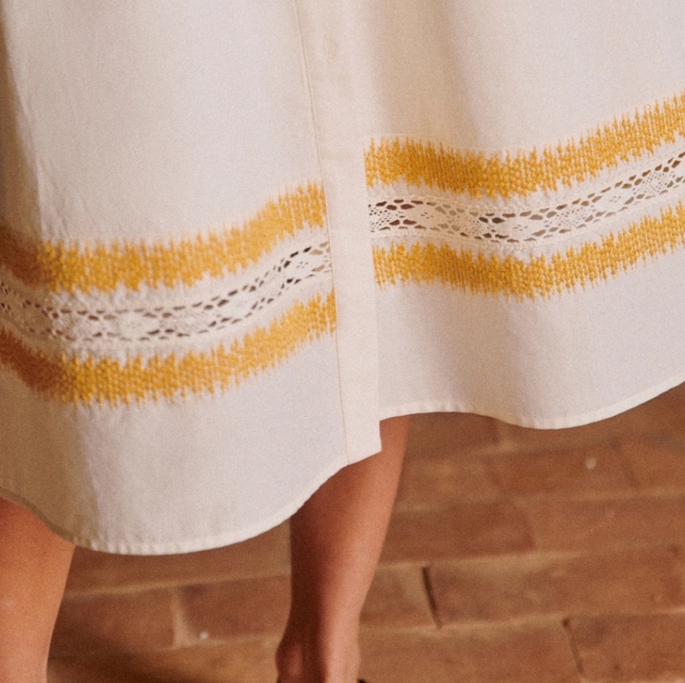 Sezane Elodie Ecru and Yellow Long Sleeve Midi Dress - Picture 6 of 7